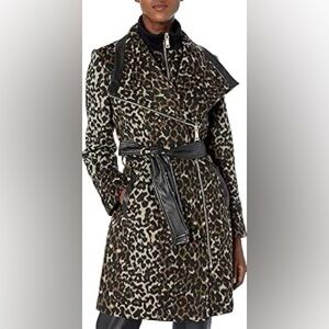 Vince Camuto Leopard Print Trench Coat with Black Faux LeatherDetails